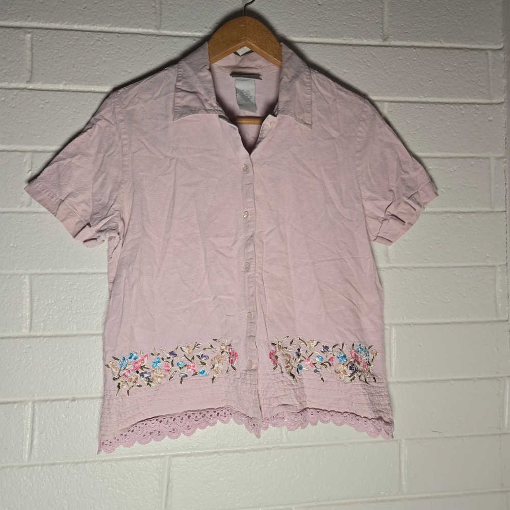 Vtg Blair Womens Button Shirt Pastel Linen Cotton Floral Embroidered Crochet M